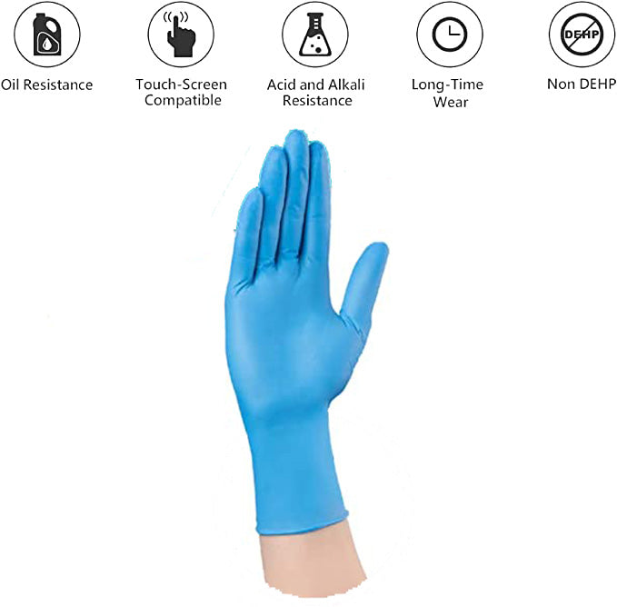 Feature of this gloves is oil resistance, touch screen compatible, acid and alkali resistance, long time wear, non dehp 