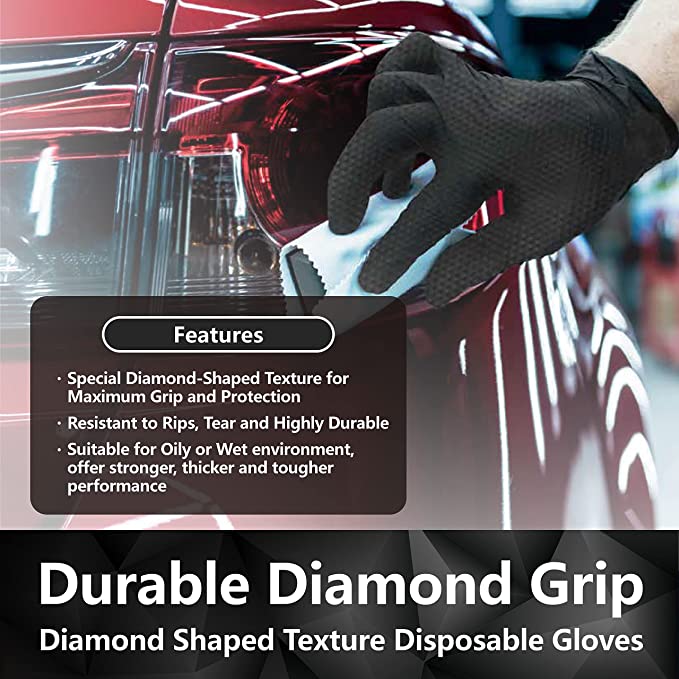 Some more features, special diamond-shaped texture for maximum grip and protection, resistant to rips, tear and highly durable, suitable for oily or wet environment, offer stronger, thicker and tougher performance.