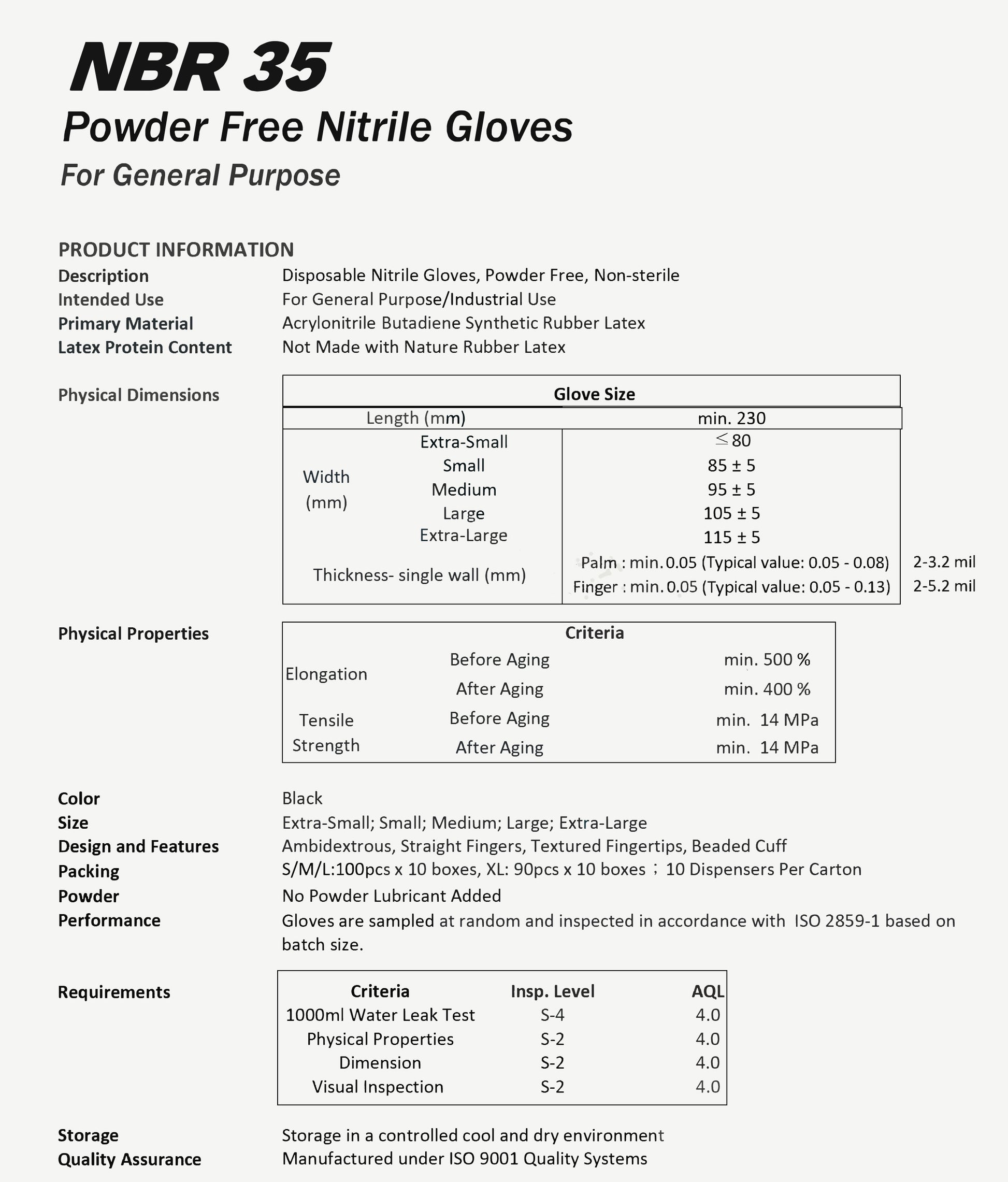 NBR powder free nitrile examination gloves details for general use. document picture