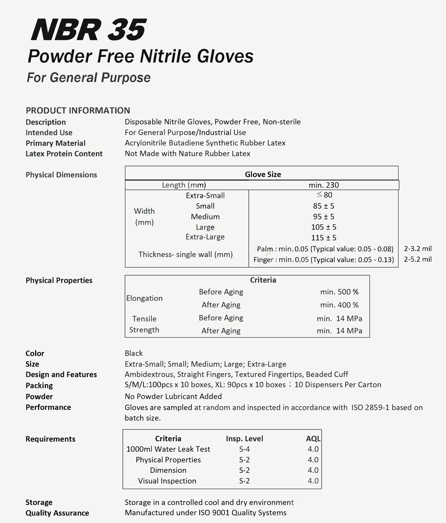 NBR powder free nitrile examination gloves details for general purpose use. document